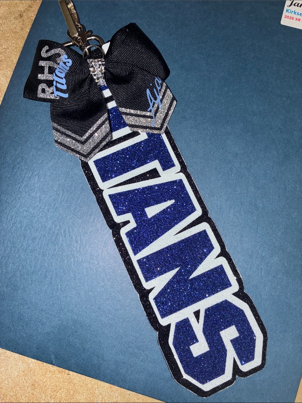 Titan Blue Glitter Name Keychain with Black Bow